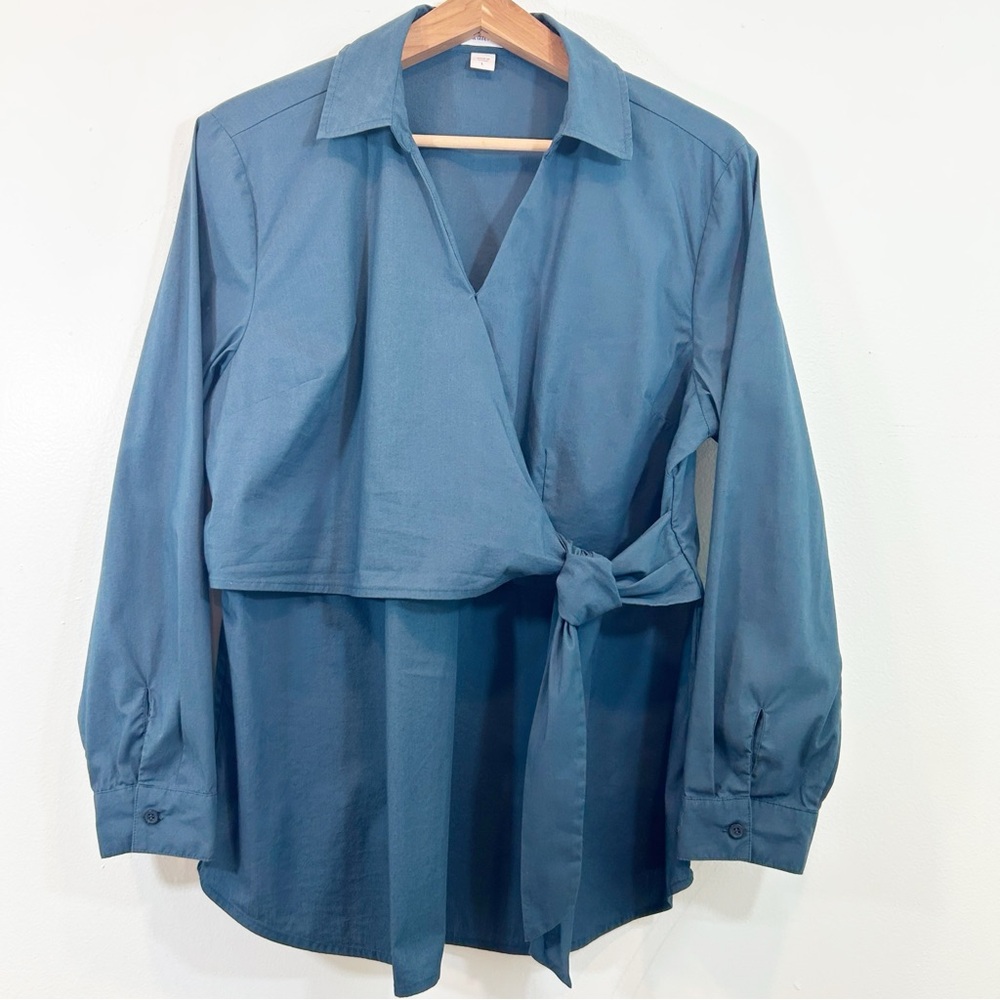 Coldwater Creek Women's Blue Large Wrap Tie Cotton Blend Top Lagenlook Artsy